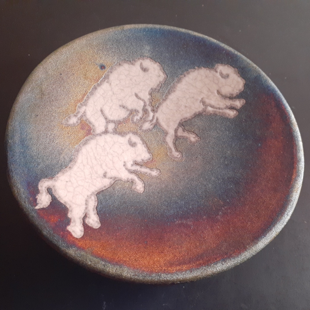 STUNNING Artist Signed J Diller 5" Buffalo Raku Art Trinket Holder.